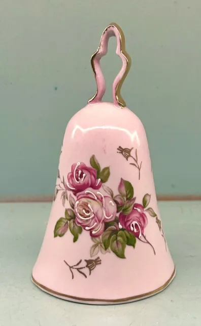 Vintage Bell Porcelain Pink Hand Painted Flowers Roses Gold Leaf Japan 4.75 Inch