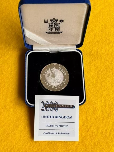 2000 UK Silver Proof £5 Five Pounds Crown Coin Millennium Clock Royal Mint