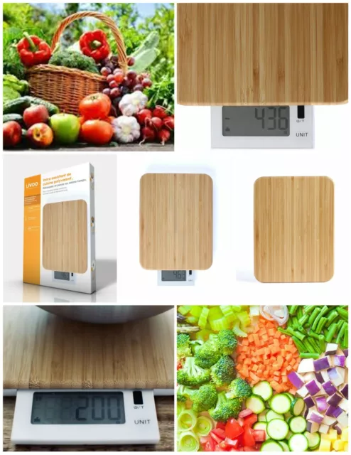 Balance de cuisine et planche à découper 2 en 1 avec  écran LCD en bois naturel