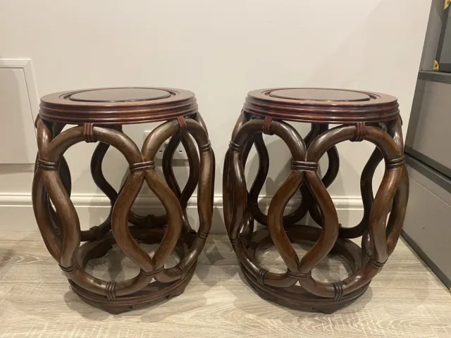 A Pair of Vintage Chinese Solid Rosewood Rope Stools/Side Tables
