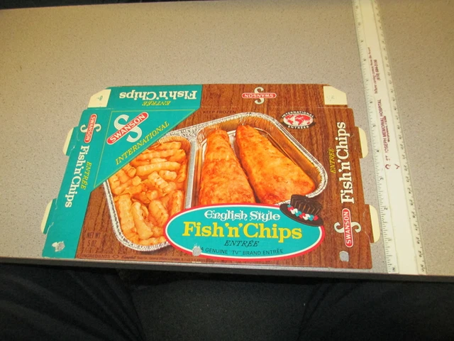 SWANSON 1971 TV dinner English style FISH N CHIPS frozen food box french fries