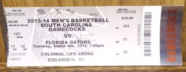 South Carolina Gamecocks Basketball vs. #1 Florida Gators 3-4-2014 Ticket Stub