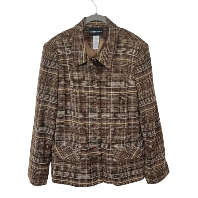 SAG HARBOR JACKET Preppy Plaid Retro Womens Brown Long Sleeve Collared ...