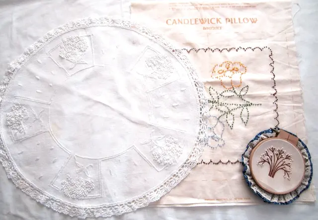 3 Candlewick Embroidery  Vintage Completed Pieces Large Doily Pillow Picture LOT