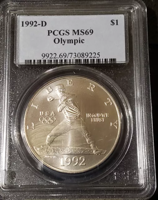 1992 D Olympics Commemorative Baseball 90% Silver Dollar PCGS MS69 Gem Unc.