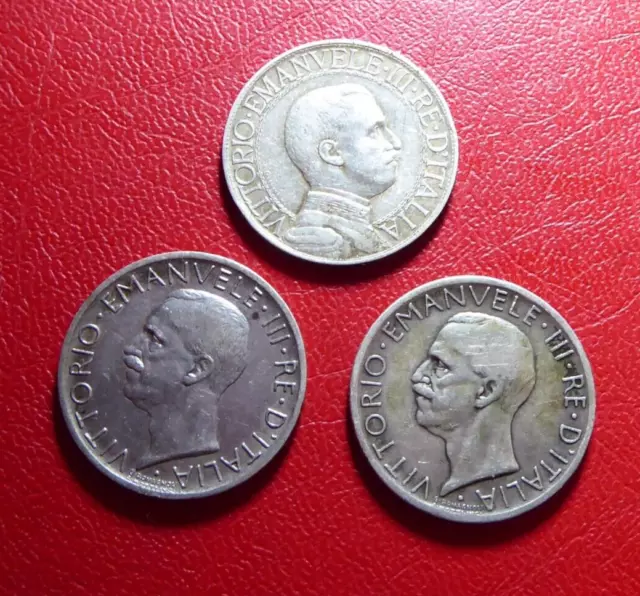 3x "Vittorio Emanuele III.", 1 Lira 1910 + 5 Lire 1927 + 5 Lire 1929,  Silber