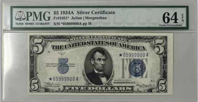 1934-A $5.00 Silver Certificate Star Note Fr 1651* Serial # 05999900A PMG 64-EPQ