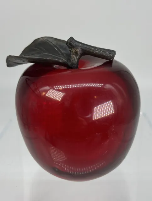 Vintage Lucite Apple Acrylic MCM Paperweight Metal Leaf Stem Large 4”  1960s