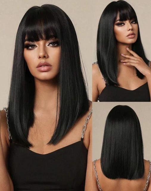 Perruque Femme Synthétique Courte Noire Lisse Avec Frange - Neuf Sans étiquettes