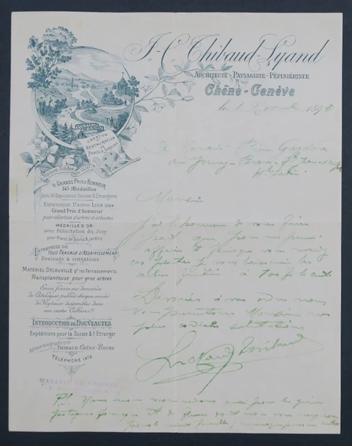 Facture SUISSE GENEVE 1895 Architecte paysagiste THIBAUD LYAND illustrée 55