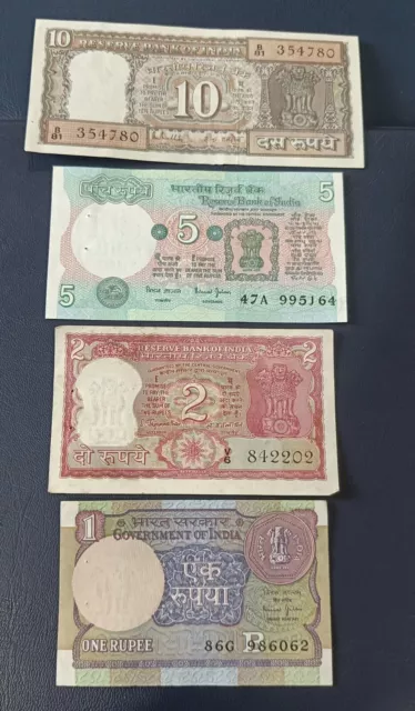 Uncirculated Indian authentic old 10 /5 /2 /1 Rupee  4 denominations  notes lot