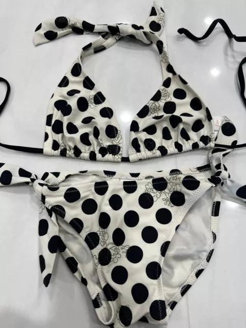 Lisa Curran Black & Ivory Polka Dot Triangle Top & Tie Bottom Swim Bikini Set S