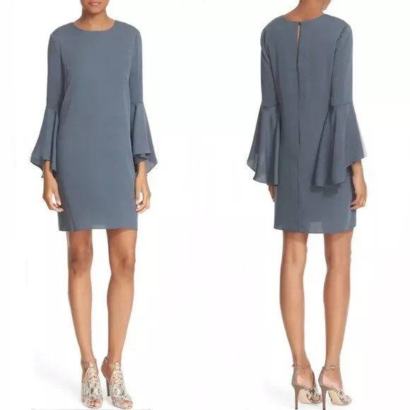 Milly Bell Sleeve Stretch Silk Shift Dress Grey Size 6