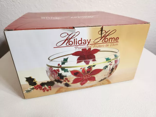 Christmas Serving Display Bowl Crackle Glass Poinsettia Hand Painted Holiday