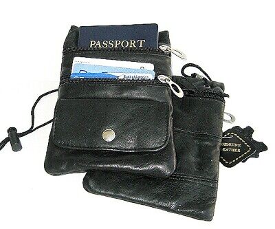 Set of 2 PASSPORT Genuine Leather ID Holder Neck Pouch Wallets Travel String Bag