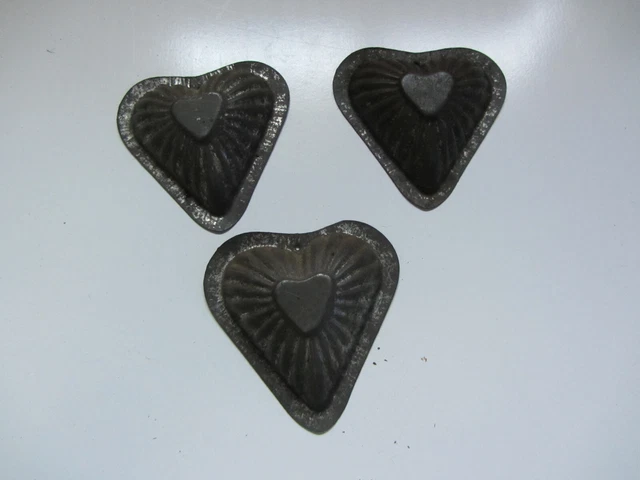 Lot of 3 Antique Primitive Tin Heart Molds