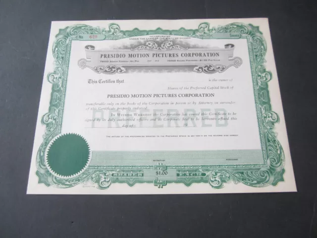 Old Vintage - PRESIDIO MOTION PICTURES CORPORATION - Stock Certificate - NEVADA