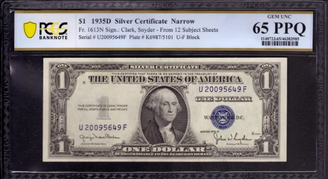 1935 D $1 Silver Certificate Uf Block Fr 1613N Narrow Pcgs B Gem Unc 65 Ppq