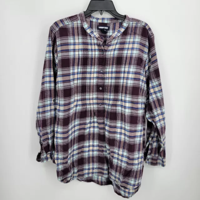 Lands End Shirt Womens Plus 22W Maroon Plaid Flannel Tab Collar Pleated Outdoor