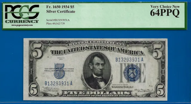 1934 $5 Silver Certificate PCGS 64PPQ wanted BA Block Fr 1650