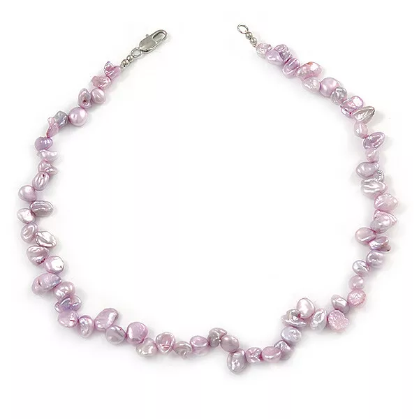 7-8mm Pale Lavender Nugget Freshwater Pearl Necklace with Rhodium Plated