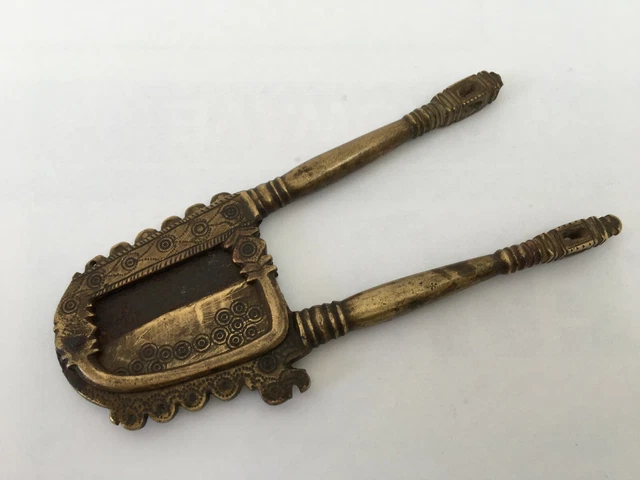 Vintage Brass Engraved Betel Nut Cutter Sarota Rich Patina Collectible Rear 3