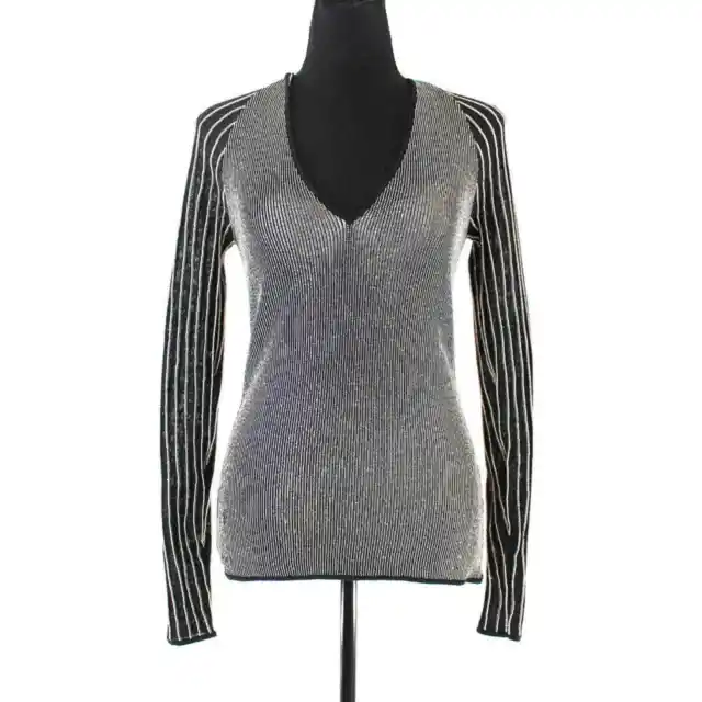 Reiss Esta Black Silver Metallic V-Neck Long Sleeve Knit Sweater S Pullover Top