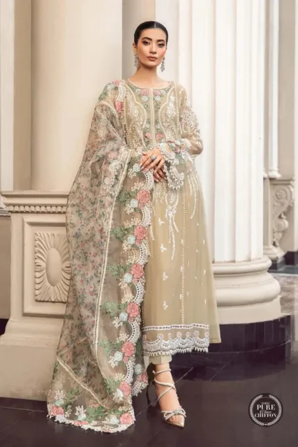 Pakistani Designer Embroidered Chiffon Unstitched Suit 3 PC Women Shalwar Kameez