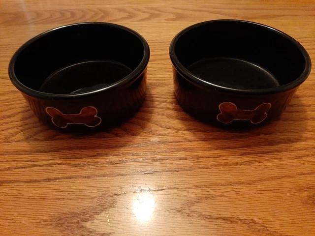 Set of '2' Tienshan CERAMIC DOG BOWLS/ DISHES Black w/Bronze Dog Bone 5.25”
