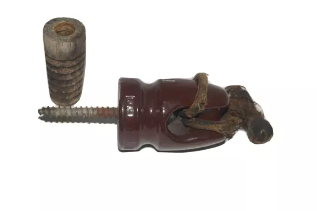 Vintage Brown Porcelain Ceramic Insulator Electric Telephone Pole Screw w Wooden