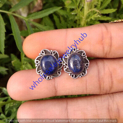 Natural Lapis Lazuli Cabochon Stud Earring 925 Sterling Silver Plated Earring