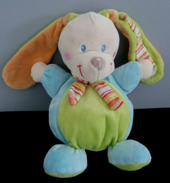 *. DOUDOU PELUCHE BOULE MOTS D'ENFANTS CHIEN LAPIN vert bleu rayé écharpe NEUF*