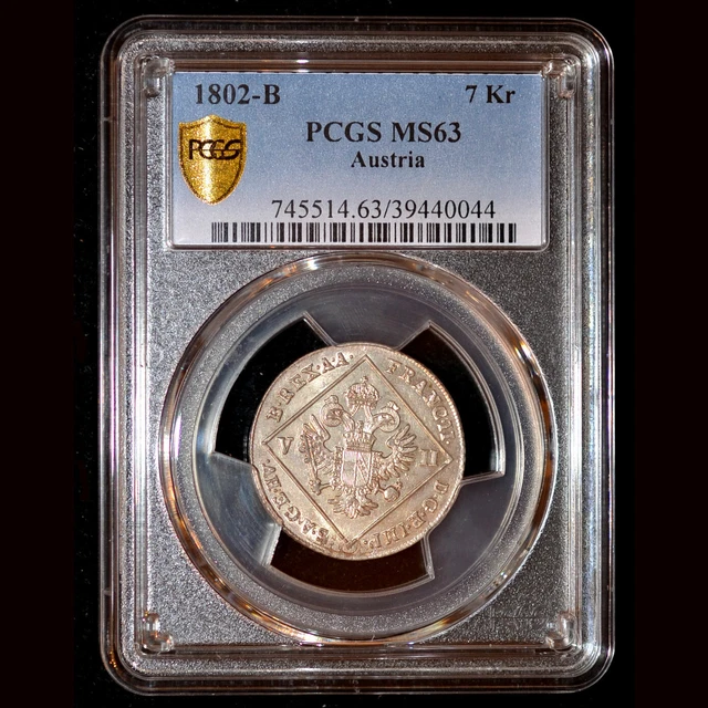 PCGS MS63 1802-B AUSTRIA Franz II 7 kreuzer, highest and only 1 Graded by pcgs