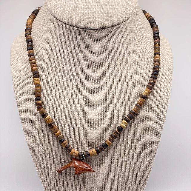 Pendant Necklace Wood Brown Bead Dolphin Handmade Costume Jewelry 18"