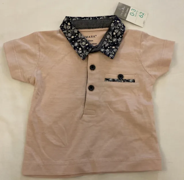 Polo Shirt rosa peach nuova con etichette, bambino 0-3 mesi. Finitura floreale nera, Primark