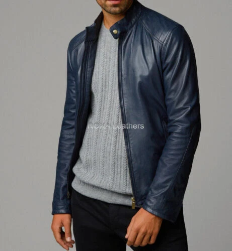 Uomo Giacca IN Vera Pelle Motociclista Originale D'Agnello Casual Indossare Blu