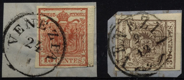 LOMBARDEI-VENETIEN 1850 2Marke:-15C, und -30C, Verschiedene VENEZIA Stempeln