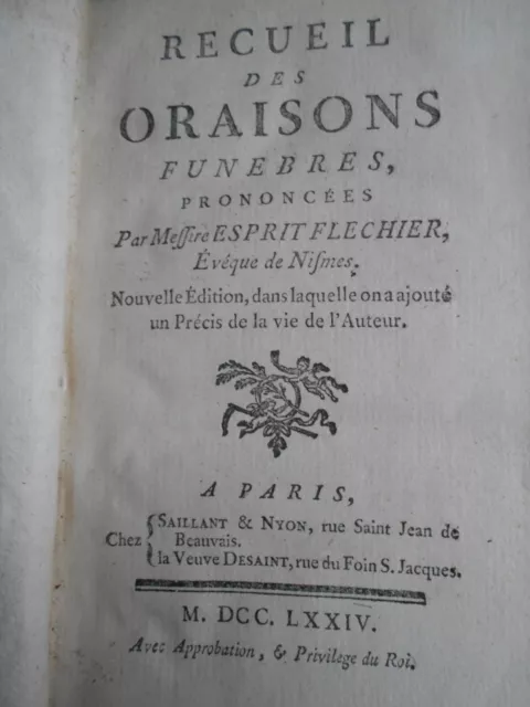 RECUEIL DES ORAISONS FUNEBRES  Esprit Flechier 1774 rare catalogue de libraire