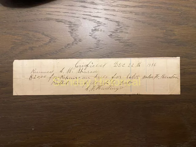 1886 Crisfield MD  Rcpt for Repair Sails on Schooner John H Bunton S F Hastings