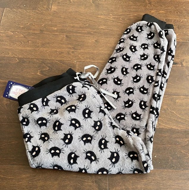 Pillow Talk  womens Halloween Cat Print Plush Pajama Pants New L Gray black