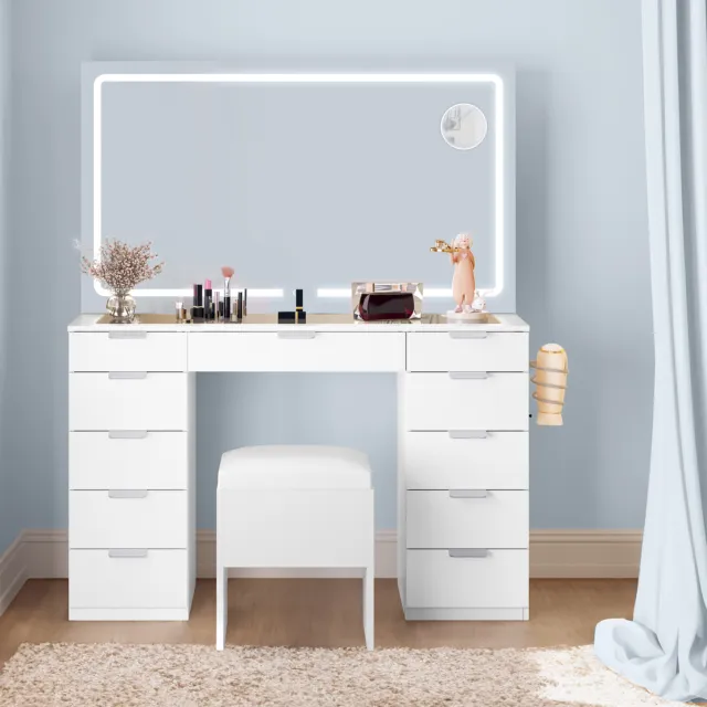 Vanity Desk Set with Large Lighted Mirror, 46" Makeup Vanity Table w/ 11 Drawers