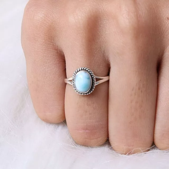 Larimar Oval Cabochonschliff Ring Handgefertigt Edelstein-Ring 925 Massiv Silber