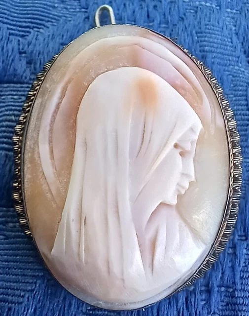Ancien beau camée Broche / Pendentif - Bijou religieux Sainte Vierge Madonne