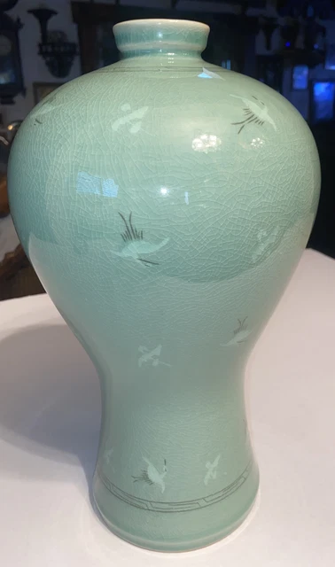 12” Asian Korean  Crane Celadon  Green Glazed Porcelain  Crackle Vase Signed
