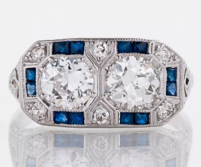 Art Deco Style Sapphire & Lab Created Diamond Engagement Wedding 925 Silver Ring