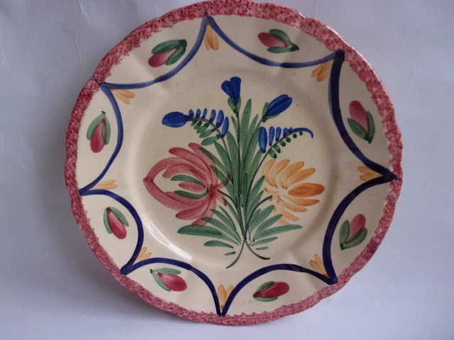 ANCIENNE ASSIETTE DÉCORATIVE CÉRAMIQUE HB QUIMPER 19ème DÉCOR FLORAL