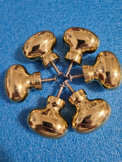 6 Vtg Solid Shiny Brass Oval Football Shape Cabinet Knobs Drawer Pulls W/Screw.