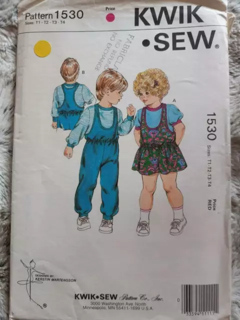 Kwik Sew 1530 Vintage Toddlers' Jumper,Jumpsuit & Shirt Pattern Size T1,T2,T3,T4