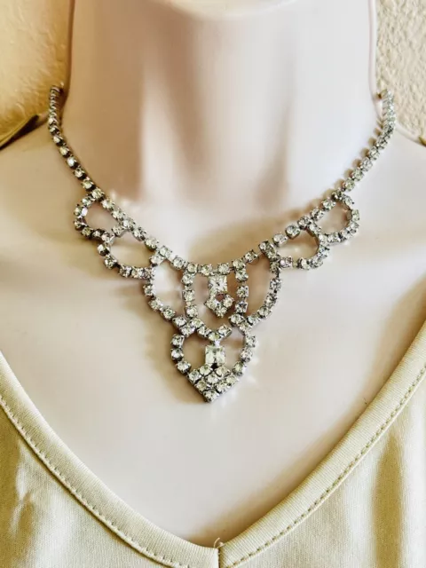 VTG Crystal Rhinestone Necklace choker Art Deco Silver Collar Rare Sparkling Bib