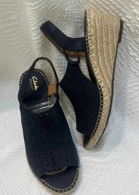 Clarks artisan Petrina Gail Espadrille Wedge Navy Blue Sandals Women's Sz 10M